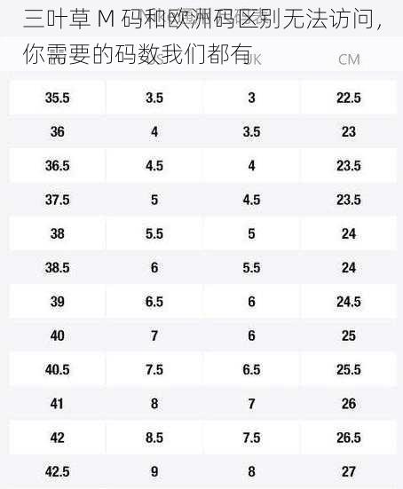 三叶草 M 码和欧洲码区别无法访问，你需要的码数我们都有