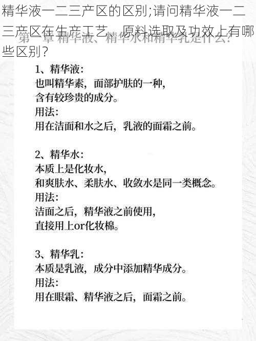 精华液一二三产区的区别;请问精华液一二三产区在生产工艺、原料选取及功效上有哪些区别？